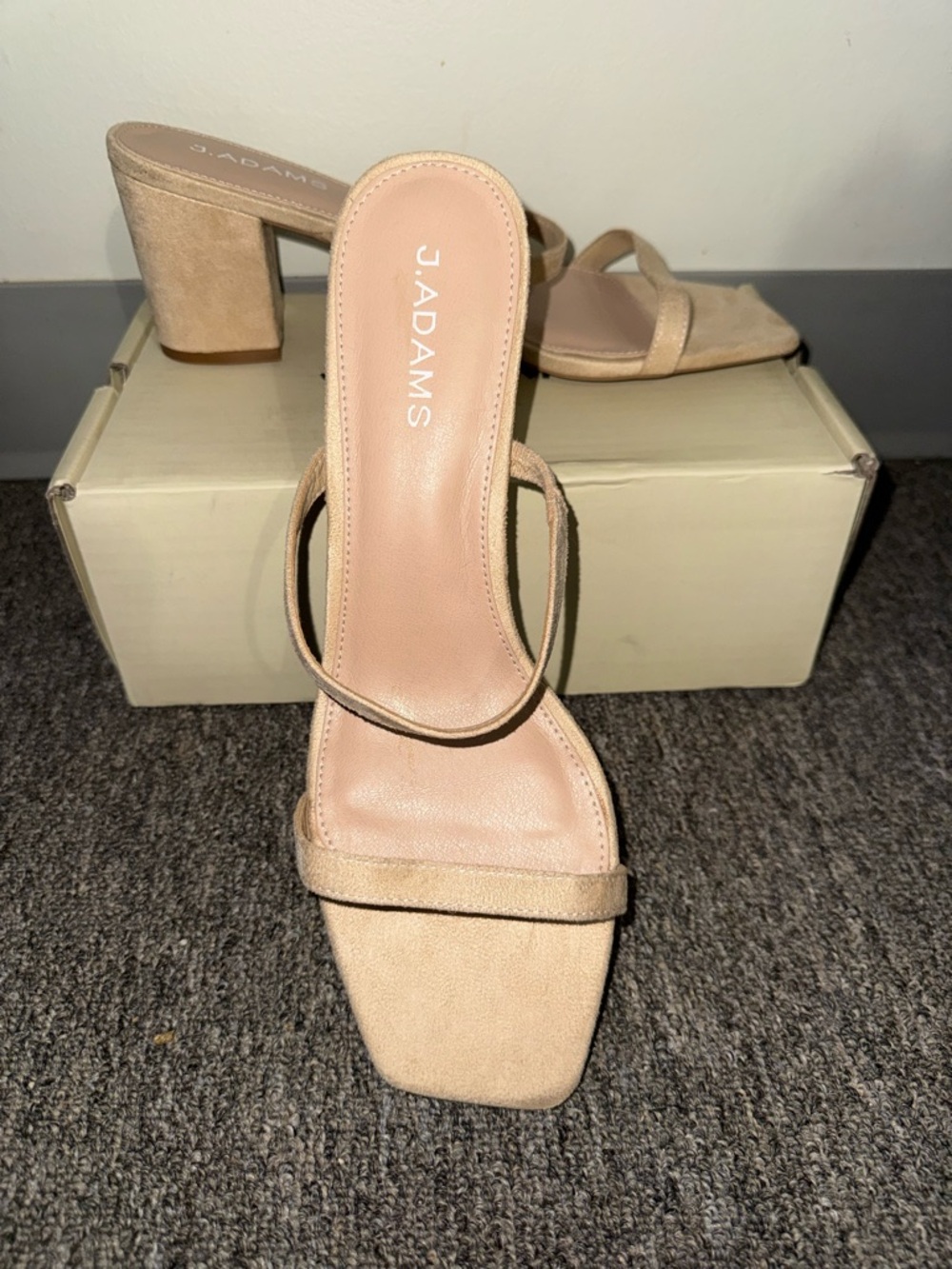 J. Adams Storms’s Beige Two-Strap Block Heel